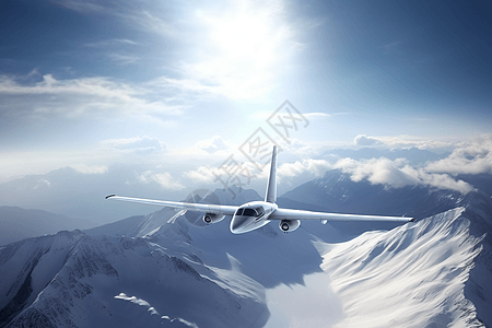 在雪山山脉上飞翔的飞机3D概念图图片