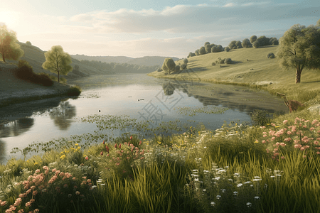 野花丛生的湖泊图片