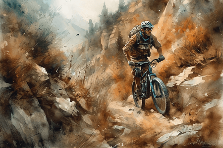 山地自行车手在山间越野插图背景图片