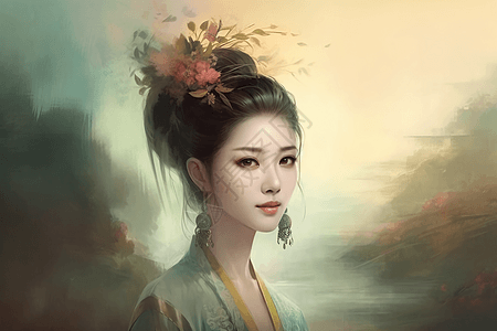 中国古装美女水彩插画图片