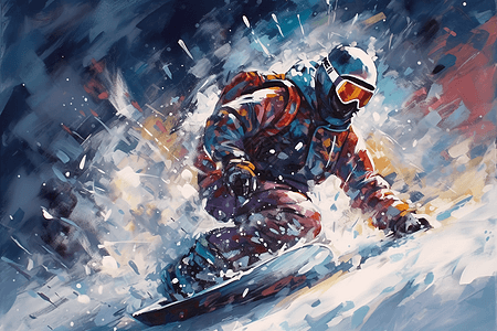 雪山上的单板滑雪画图片