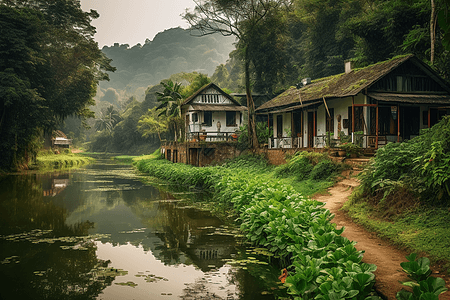 湖边古朴的小屋图片