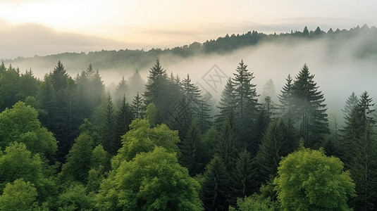 雾状云杉中的松树林背景图片