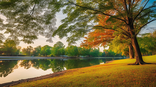 五颜六色的树木和湖边的倒影图片
