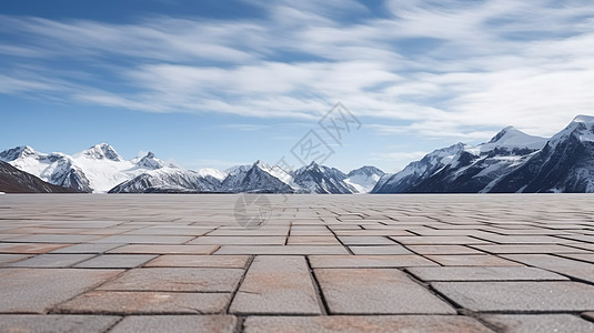 以终为始以雪山为背景的空砖地板背景