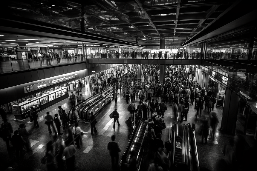 一群乘客在繁忙的机场交通图片