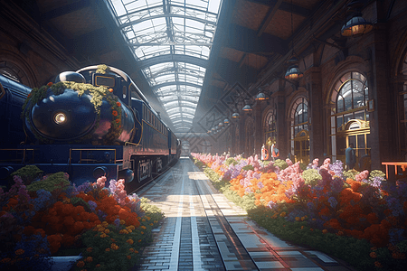 花卉背景的火车图片