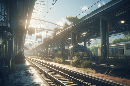 阳光照耀的火车站图片