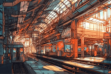 漫画风格的火车站图片