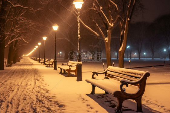 路边长椅上落着的雪图片