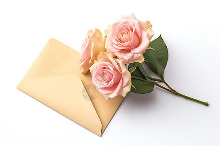 信封和粉红玫瑰图片