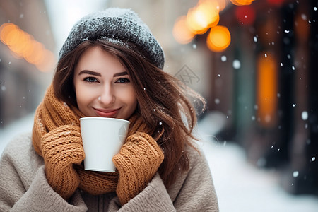 街拍寒冬街头喝咖啡的女孩背景