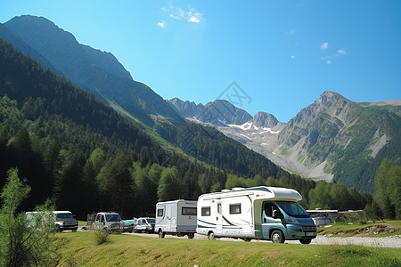 山地露营露营地的房车背景