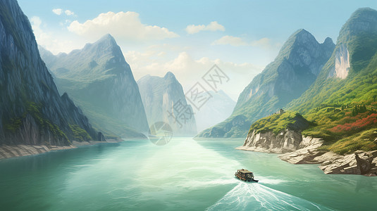 长江俯瞰长江和周围的山脉特色插画