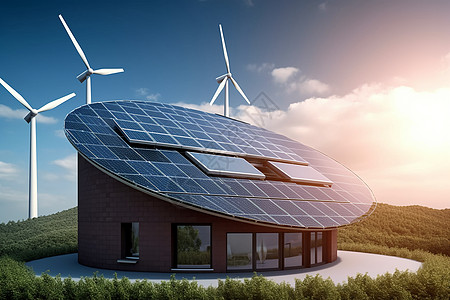 风车屋屋顶上的太阳能电池板发电的概念图设计图片