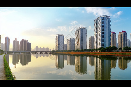 城市湖畔高楼景观图片背景图片