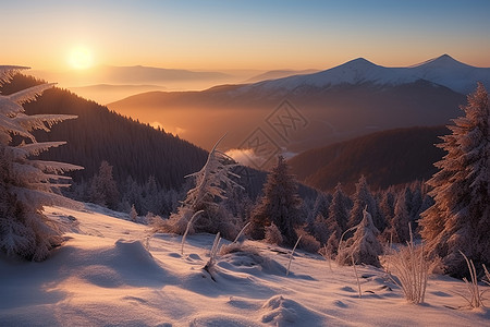 冬季日出美丽的喀尔巴阡山脉图片