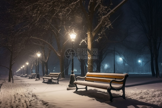 冬天的夜景冬天树下的长凳图片