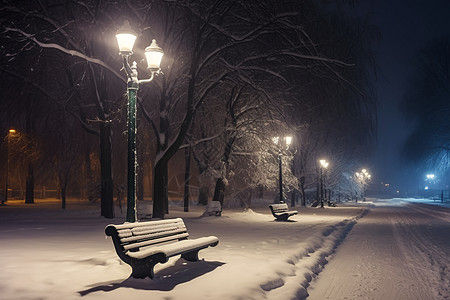 冬天夜景的长凳图片