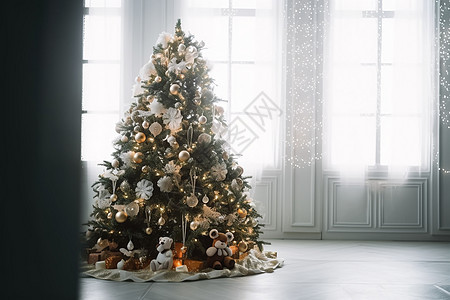 挂着小灯的圣诞树图片