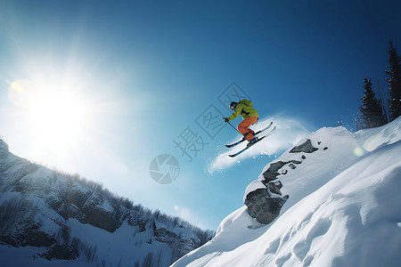 在蓝天下滑雪的滑雪者图片