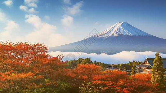 枫叶风景雪山下枫叶正红背景