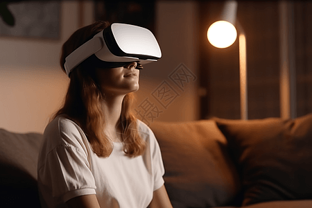 坐在沙发上使用VR眼镜图片