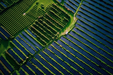 生态农场太阳能电池板农场俯瞰图背景