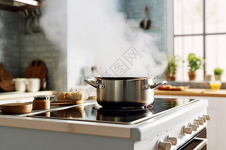 厨房电炉上的蒸锅冒着蒸汽图片