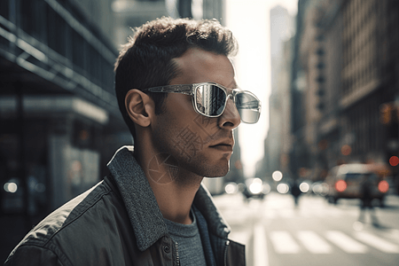 繁华城市街道上戴着VR眼镜男人图片