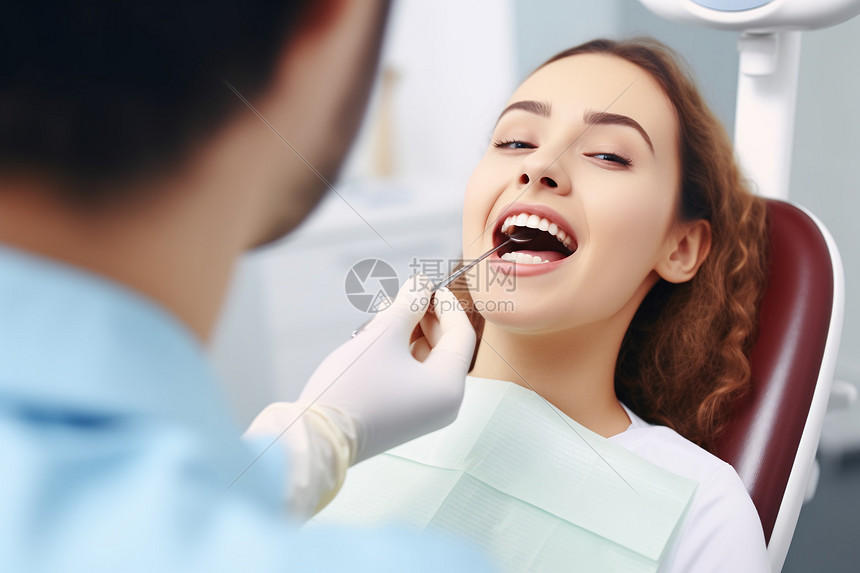 在诊所检查口腔问题的女人图图片