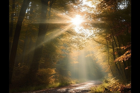秋天早晨阳光照在树林的图片背景图片