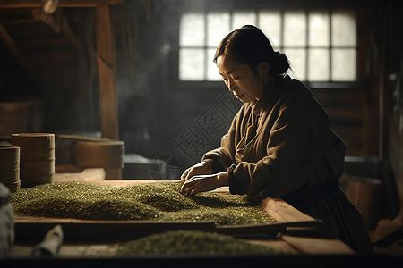 茶叶车间女人挑选茶叶背景