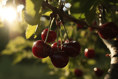 树上的红樱桃水果背景图片