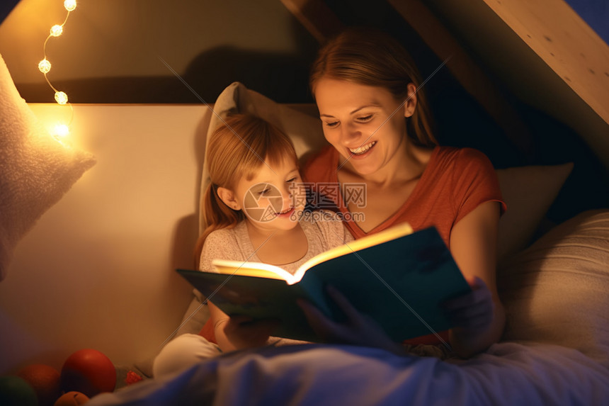 夜晚母亲为孩子读睡前故事图片