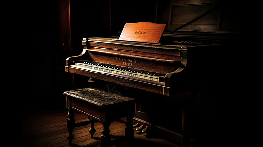 一架钢琴在黑暗的房间里图片