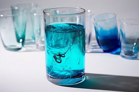玻璃杯内的青色墨水溶解水图片