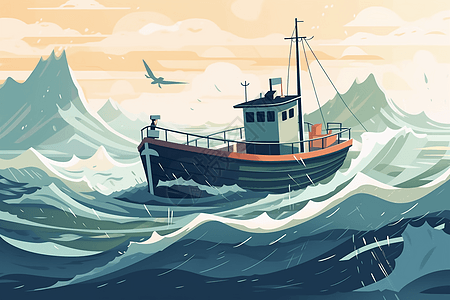 一艘渔船在海浪中航行图片