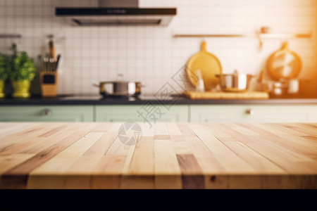 模糊的厨房和木制桌面图片