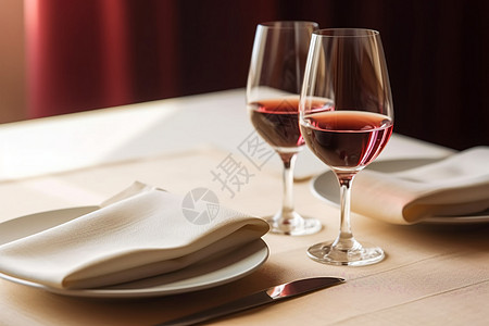 西餐厅里餐桌上的红酒背景图片