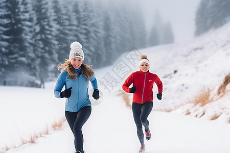 冬天雪地里跑步健身的女孩图片
