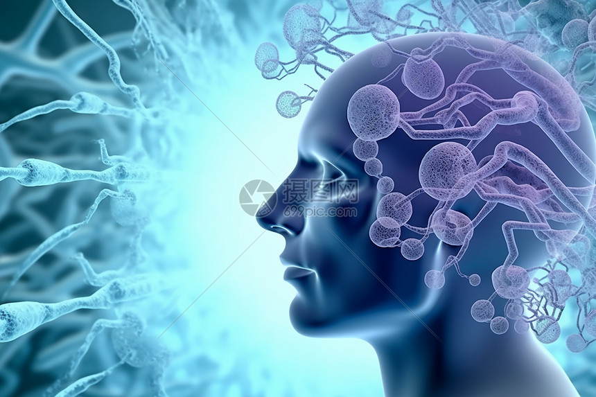 3d医学与男性头部大脑dna链病毒细胞图片
