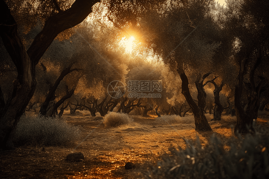 温暖的橄榄树林图片