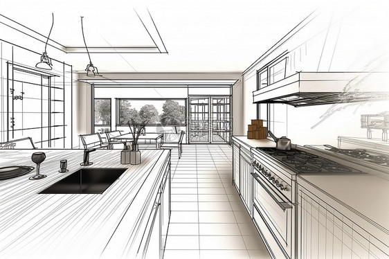 现代简约厨房的手绘草图图片