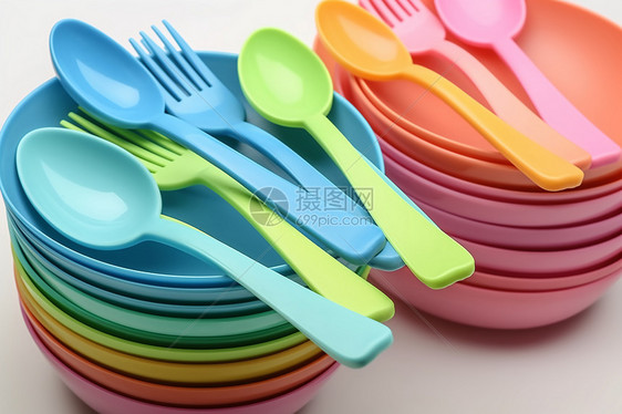 摆放整齐的彩色餐具图片