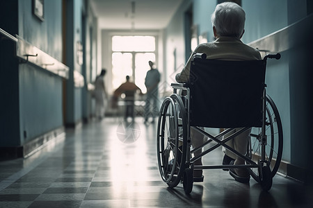 医院轮椅走廊中坐在轮椅上的患者背景