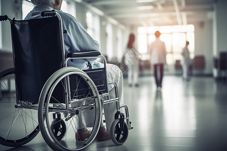 医院轮椅患者坐在轮椅上焦急等待背景