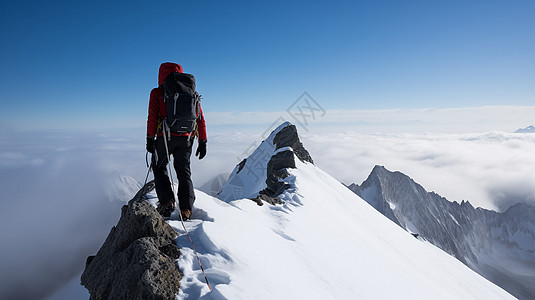 登山者在白雪皑皑的山脊上高清图片