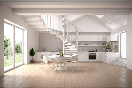 现代螺旋楼梯和厨房图片