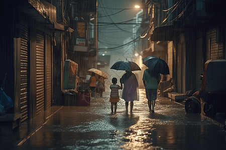 一家人在暴雨中打伞高清图片